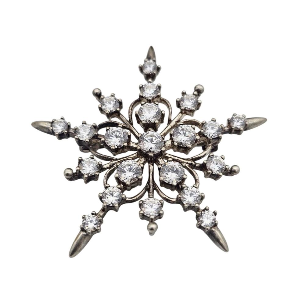 Vintage Sterling Silver GV925DQ CZ Starburst Snowflake Brooch Pin